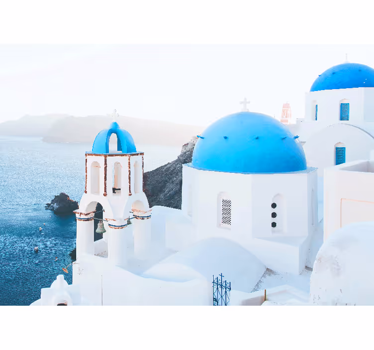 Λευκό ρολό κουρτίνας με σπίτια Σαντορίνης και θάλασσα - TenStickers
