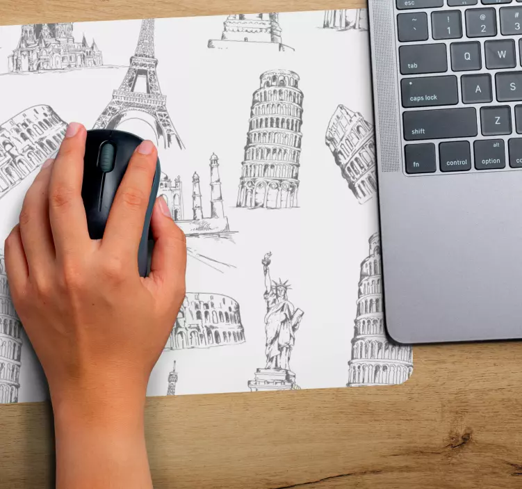 χαλάκι ποντικιού χάρτης του κόσμου σκίτσο διάσημα ορόσημα - TenStickers