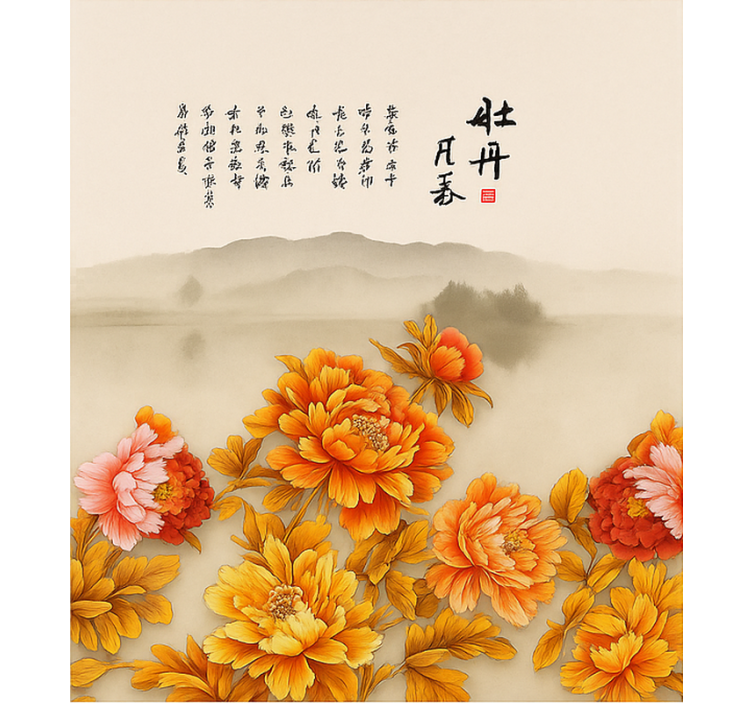 Pολό κουρτίνα για σαλόνι τέχνη τοπίου με παιώνιες - TenStickers