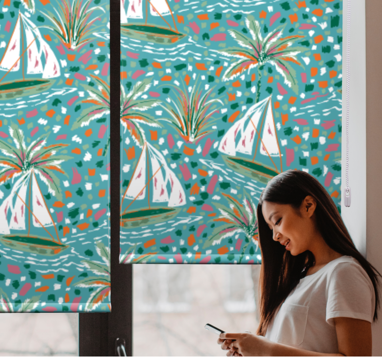 Λουλουδάτο ρολό στόρι ιστιοπλοϊκά σκάφη και φοίνικες - TenStickers