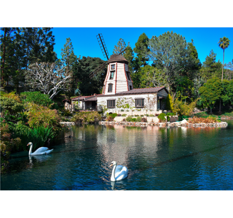 δύο κύκνοι και τοιχογραφία με πολύχρωμα δέντρα - TenStickers