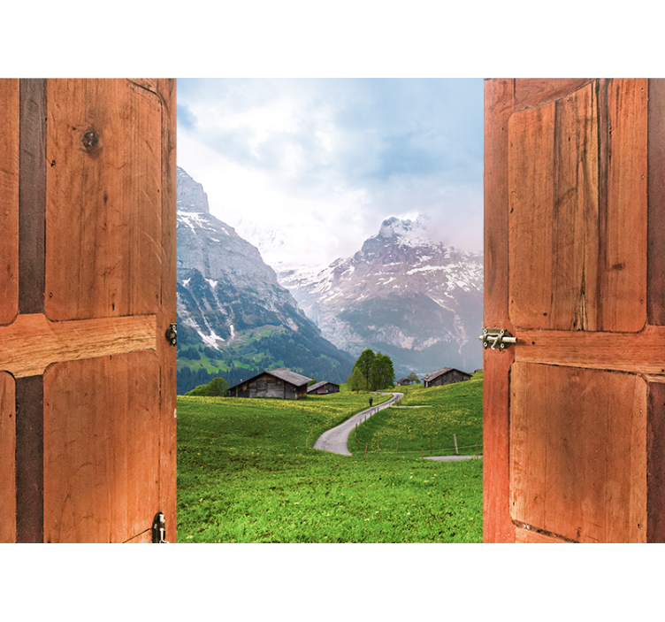 παράθυρο και πόρτα καμπίνας με τοιχογραφία τοίχου βουνού - TenStickers