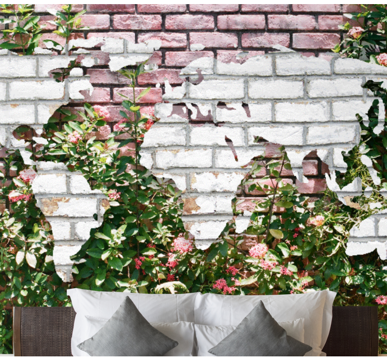 τοιχογραφία κόσμου χάρτη λουλουδιών και τούβλου - TenStickers