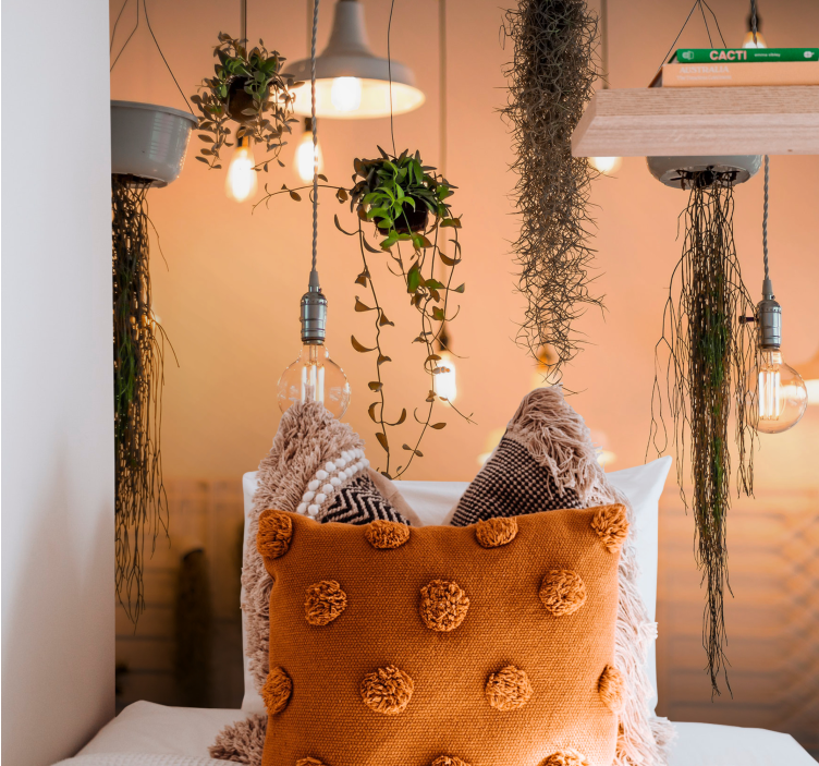 κρεμαστά λαμπάκια και φυτέψτε τοιχογραφία ταπετσαρίας υπνοδωματίο - TenStickers