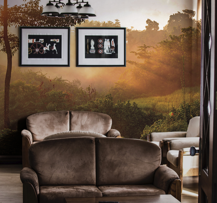 Ανατολή του ηλίου πάνω από τοιχογραφία του δάσους της ζούγκλας - TenStickers