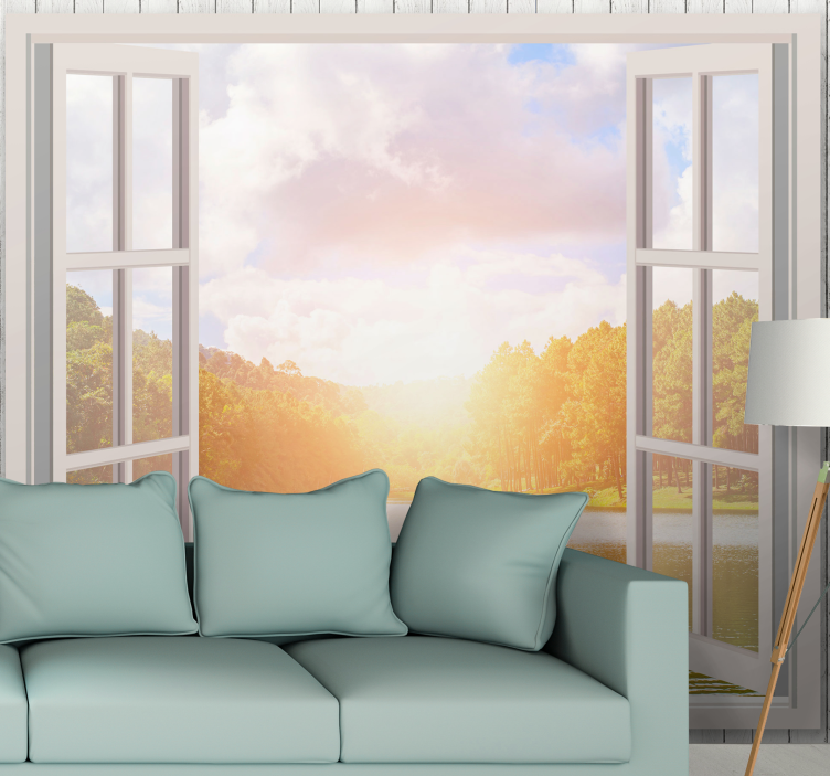 Παράθυρο φως του ήλιου στη λίμνη κυπρίνος τρισδιάστατη τοιχογραφί - TenStickers