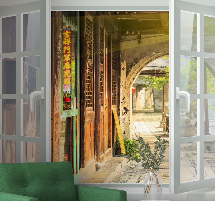 παράθυρο με παλιά τοιχογραφία με θέα στην πόλη - TenStickers