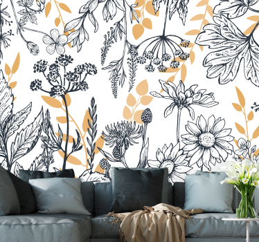 Παραλλαγή "glamour floral" με χρυσή ταπετσαρία τοιχογραφίας - TenStickers