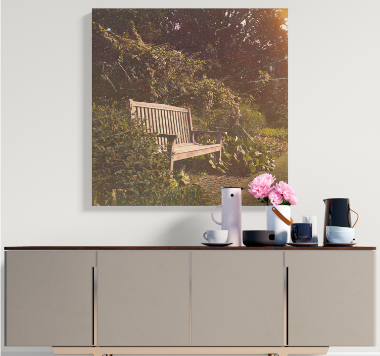 Cottagecore ξύλινος πάγκος σε καμβά λουλουδιών κήπου - TenStickers