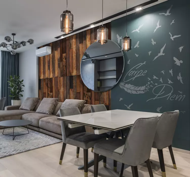 Αυτοκόλλητο τοίχου σαλονιού vinilo carpe diem pluma y aves - TenStickers