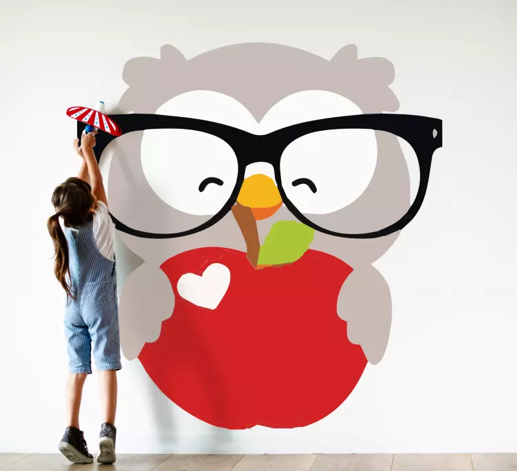 γελοιογραφία κουκουβάγια με μήλο πουλί τοίχο - TenStickers
