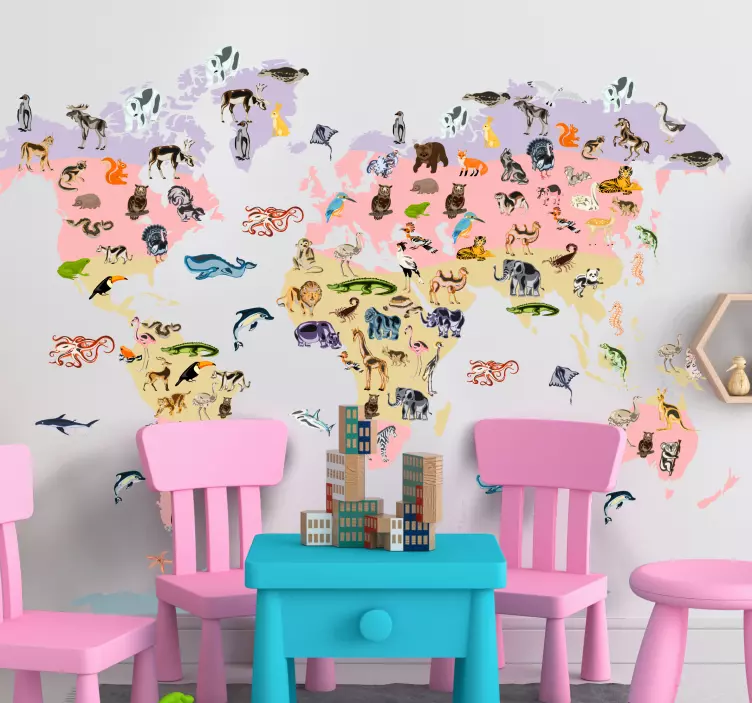 αυτοκόλλητο πολύχρωμα ζώα και φυτά παγκόσμιου χάρτη - TenStickers