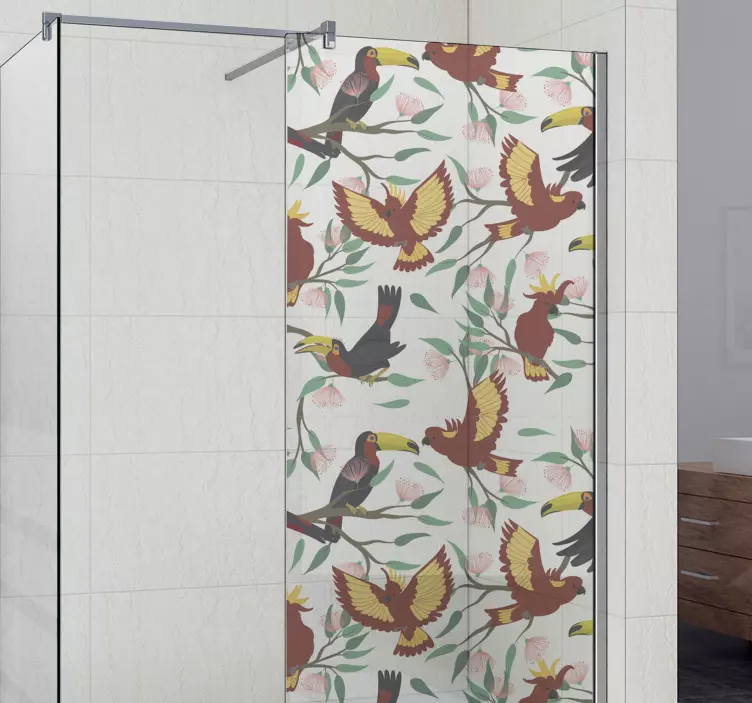 αυτοκόλλητο ντους με ιπτάμενους παπαγάλους και τουκάν - TenStickers