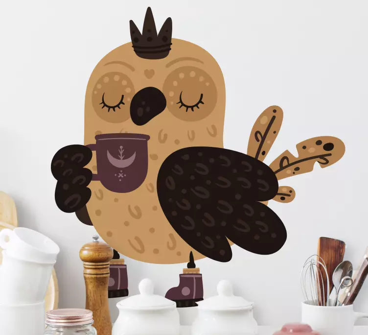 Αυτοκόλλητο με κουκουβάγια king με κούπα καφέ - TenStickers
