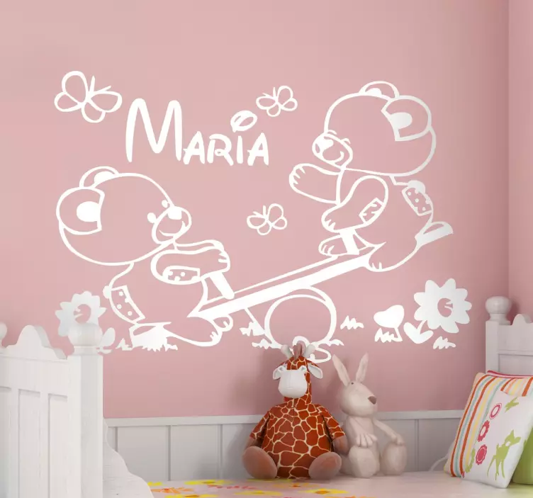 Αυτοκόλλητο με εξατομικευμένα αρκουδάκια σε τραμπάλα - TenStickers