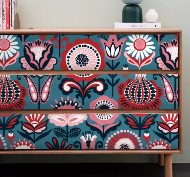 αυτοκόλλητο με ροζ και κόκκινα λαϊκά σε μπλε έπιπλα - TenStickers