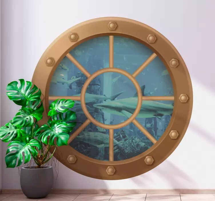 Αυτοκόλλητο με έναν καρχαρία μέσω υποβρύχιου παραθύρου - TenStickers