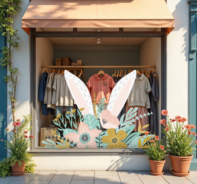 Αυτοκόλλητο για βιτρίνες αυτιά λαγουδάκι και φυτά - TenStickers