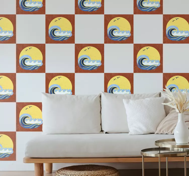 Αυτοκόλλητο με ήλιο, παραλία και πλακάκια κυμάτων - TenStickers