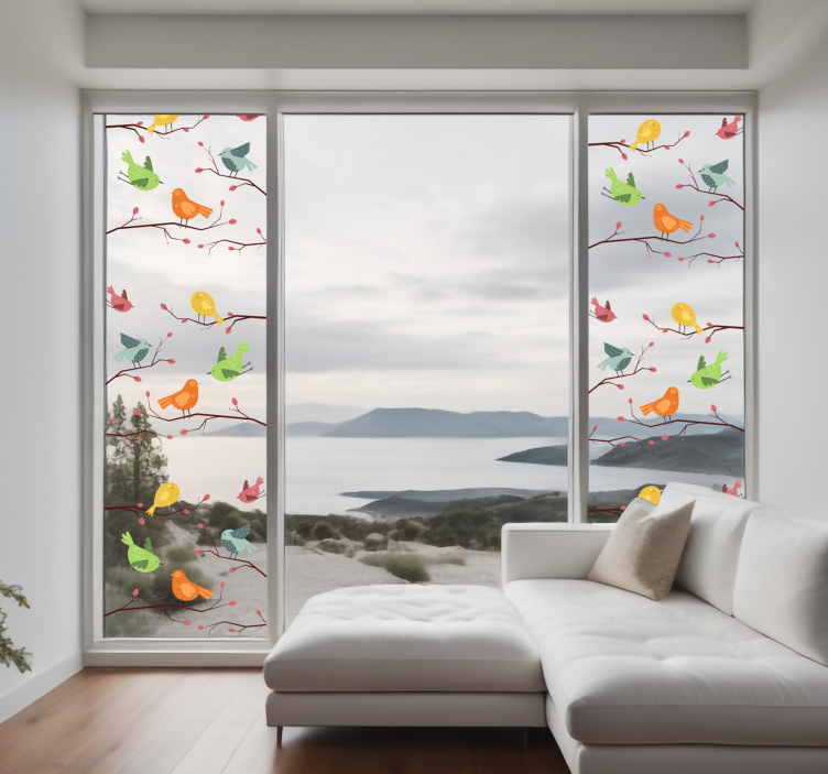 Αυτοκόλλητα Παράθυρα πουλιά σε ροζ κλαδί - TenStickers
