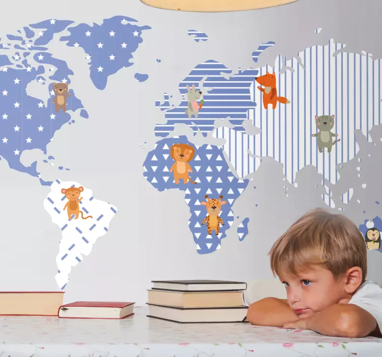 Αυτοκόλλητο με παγκόσμιο χάρτη εικονογραφημένος χάρτης ζώων - TenStickers