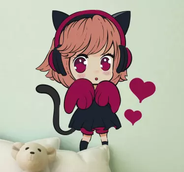 κορίτσι anime στο καπέλο γάτας γελοιογραφία wall decal - TenStickers