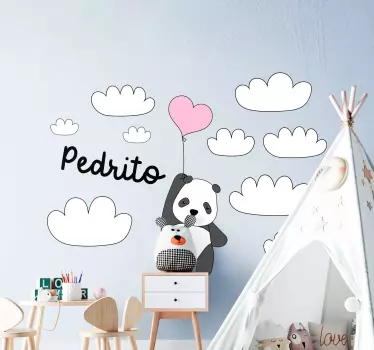 αυτοκόλλητο με ιπτάμενα panda με σύννεφα και όνομα μωρό - TenStickers