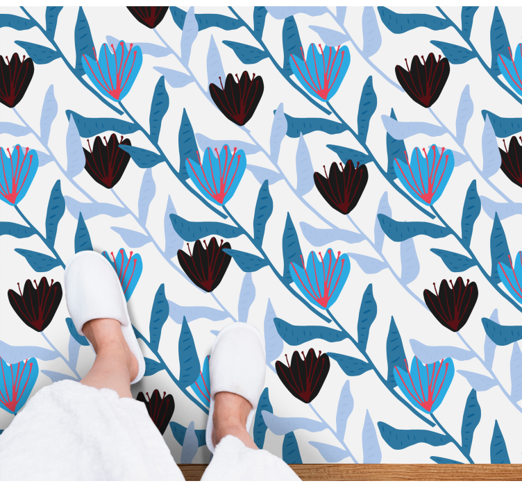 μπλε και μαύρο εικονογραφημένο floral χαλί τουλίπες - TenStickers