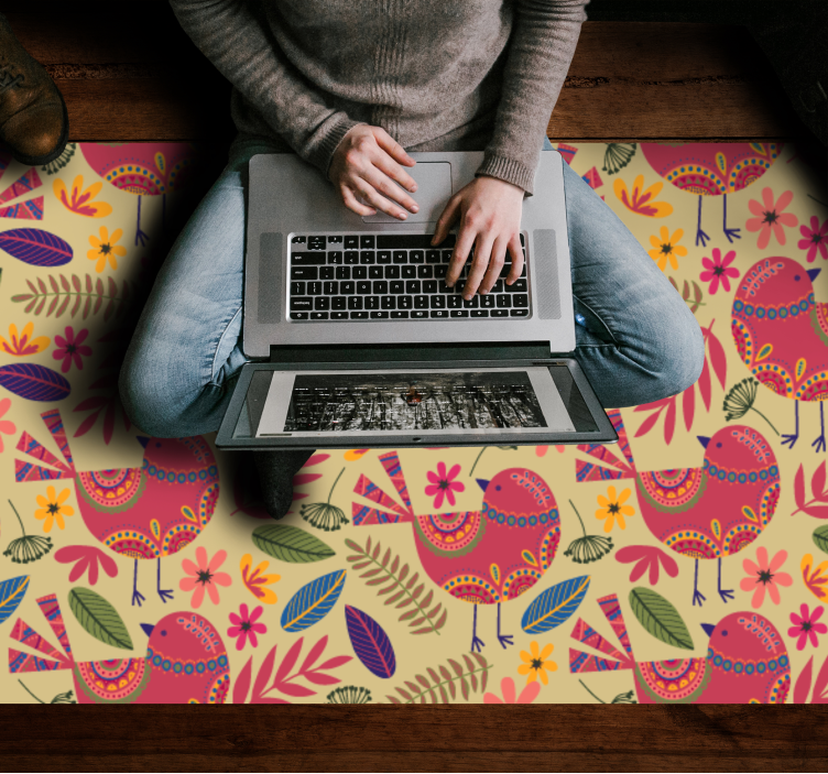 πολύχρωμα πουλιά λαϊκή τέχνη μοτίβο floral χαλί - TenStickers