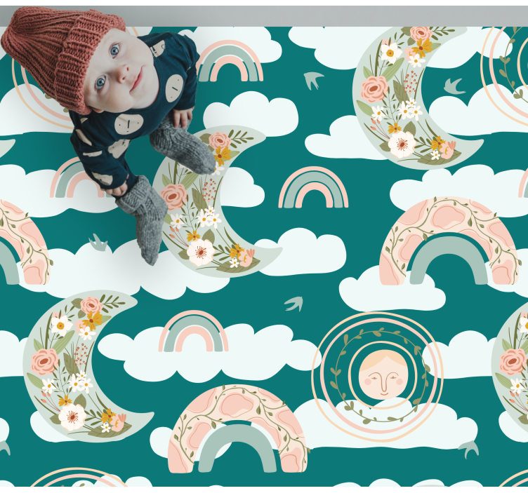 παιδικό χαλί δαπέδου λουλουδάτο φεγγάρι ουράνια τόξα - TenStickers