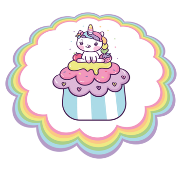 μονόκερος κάθεται στο μεγάλο cupcake χαμογελαστό παιδικό χαλί βιν - TenStickers