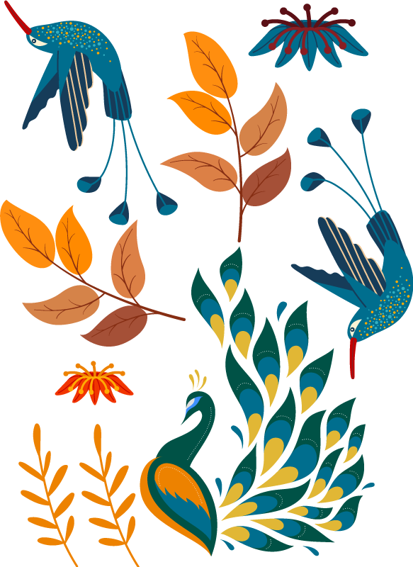 Χαλί με εκτύπωση ζώου σε στυλ tengango με πουλιά και φυτά - TenStickers