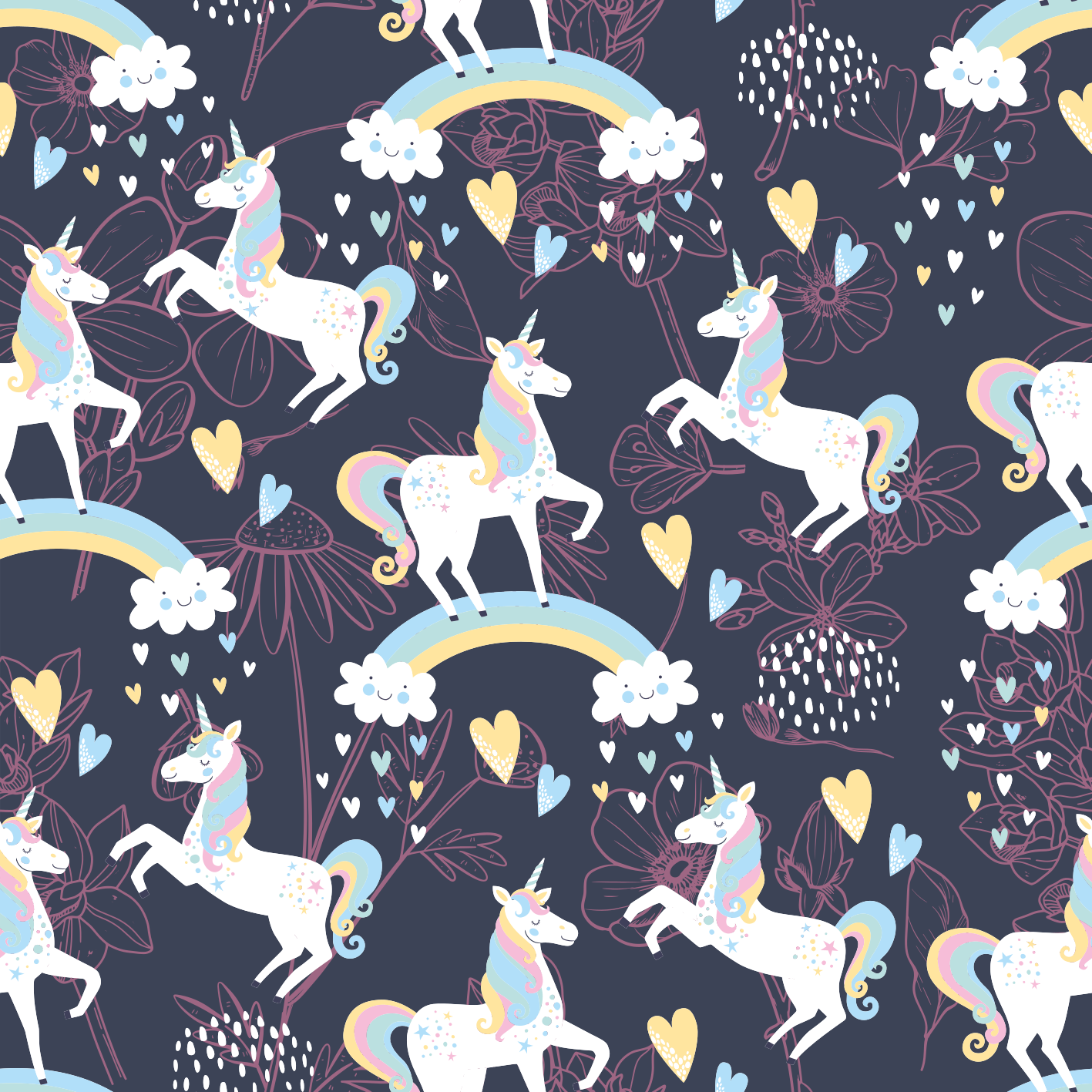 Χαλί με εκτύπωση ζώου σε ροζ μονόκερους λουλουδάτο σχέδιο - TenStickers