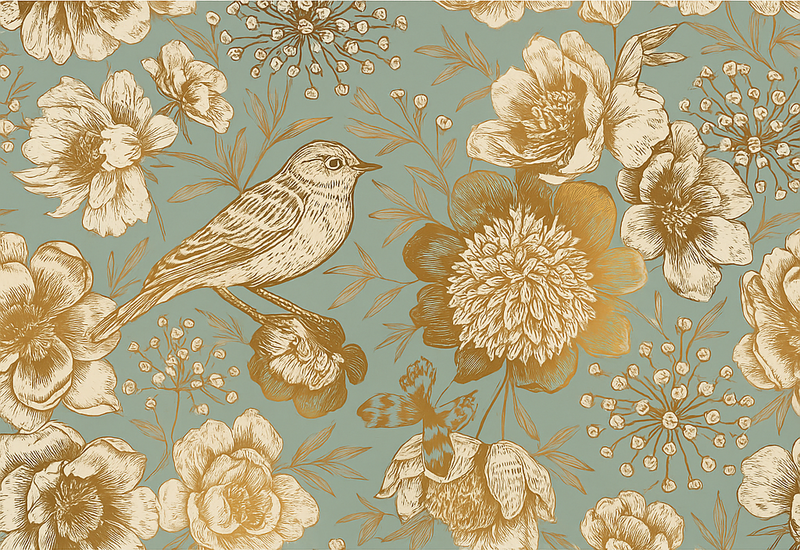 Χαλί κρεβατοκάμαρας Γκρίζο φόντο με χρυσά λουλούδια - TenStickers