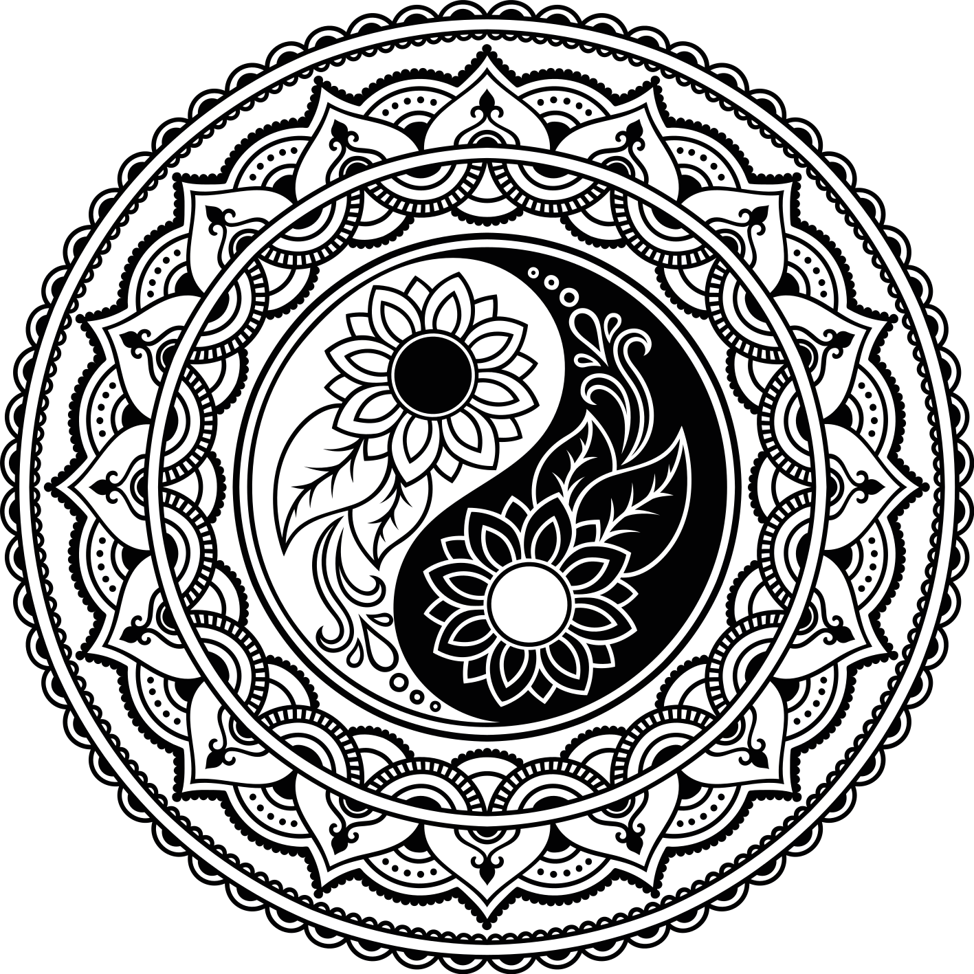 ασπρόμαυρο χαλί βινυλίου ying και yang mandala - TenStickers