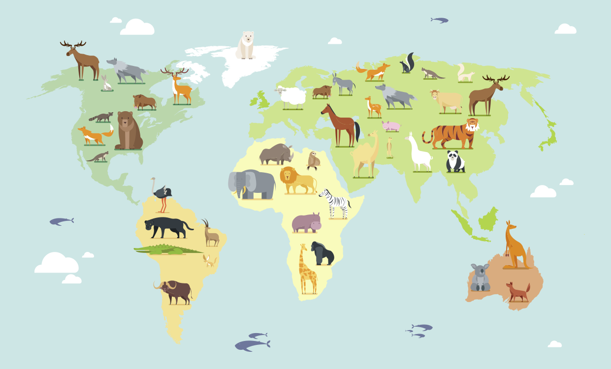 χρωματιστά ζωάκια από τις ηπείρους παγκόσμιο χάρτη - TenStickers