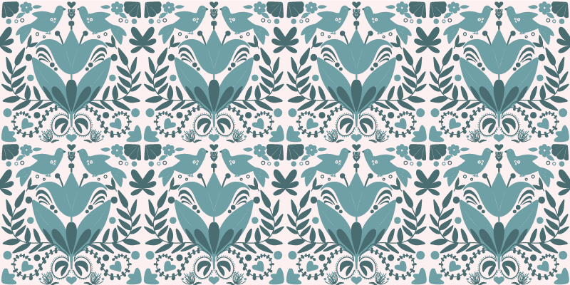 μπλε λαϊκή τέχνη μοτίβο με πουλιά λουλουδάτο χαλί - TenStickers