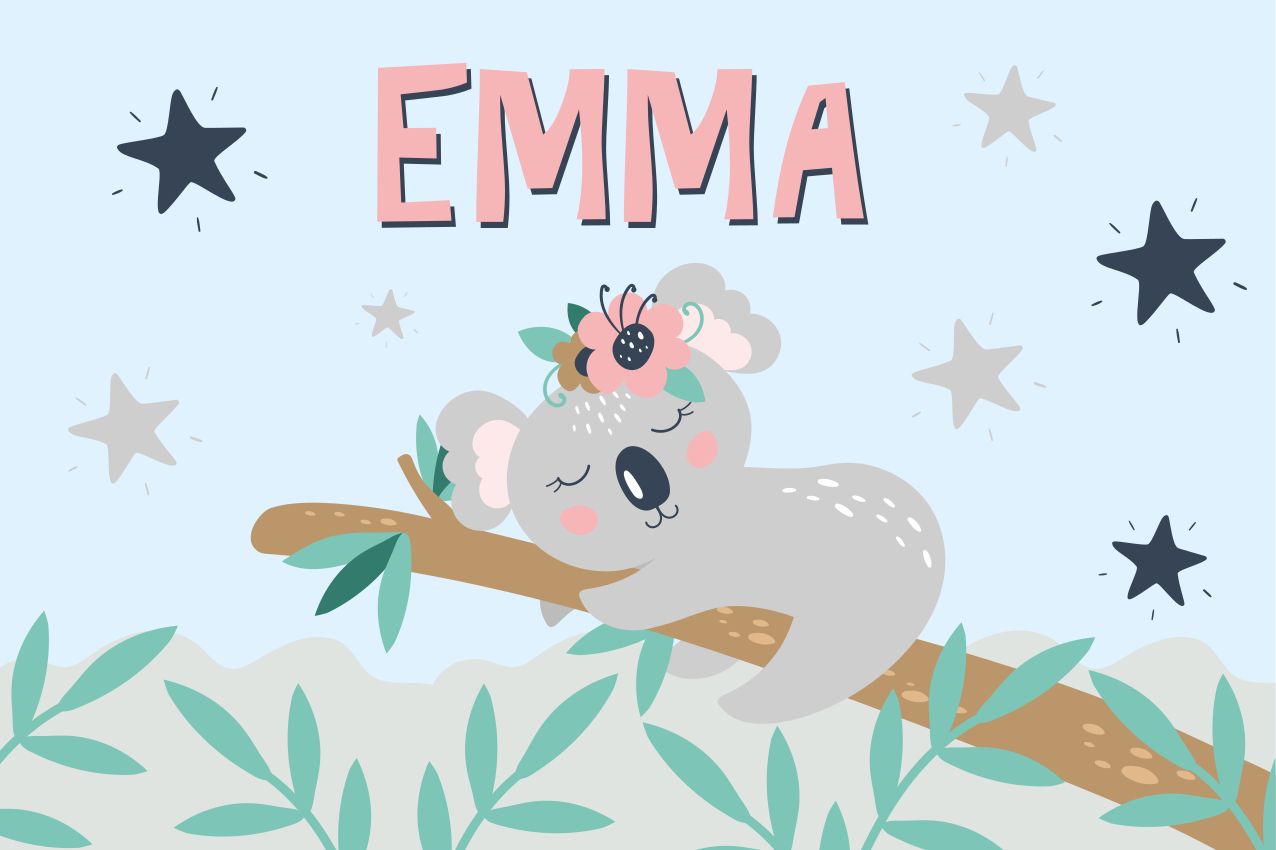 Βινυλιακό χαλί με όνομα νύχτα με κοάλα και αστέρια - TenStickers