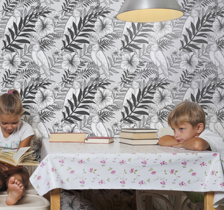 Tαπετσαρία με τροπικό δάσος λουλουδάτο μονόχρωμο σκίτσο - TenStickers