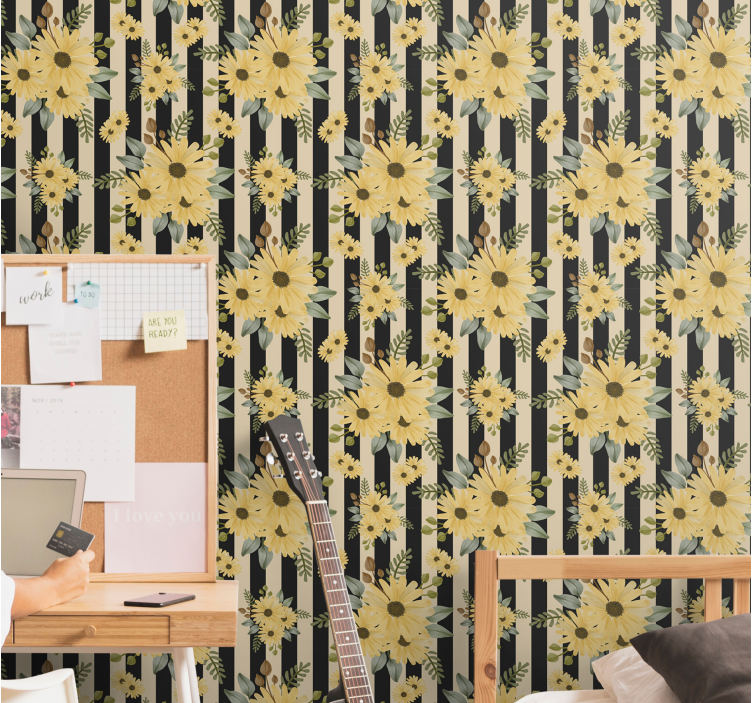 ηλιοτρόπια σε λωρίδες ταπετσαρία λουλουδιών - TenStickers