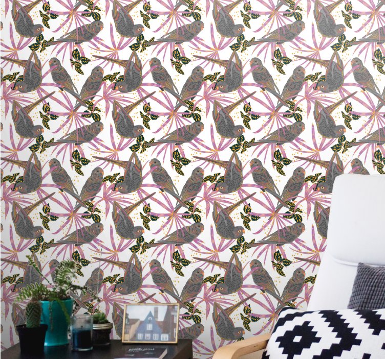 Χαρτί τοίχου με πουλιά πολύχρωμα φύλλα - TenStickers