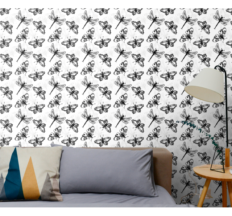 ασπρόμαυρη ταπετσαρία πεταλούδα λιβελούλα - TenStickers