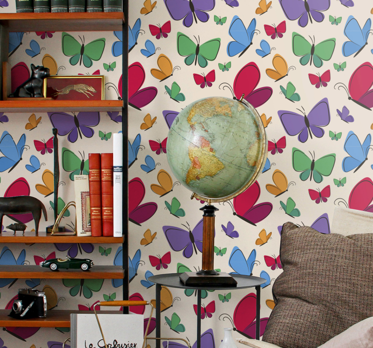 Ταπετσαρία με πεταλούδες πολύχρωμο μοτίβο σε μπεζ φόντο - TenStickers