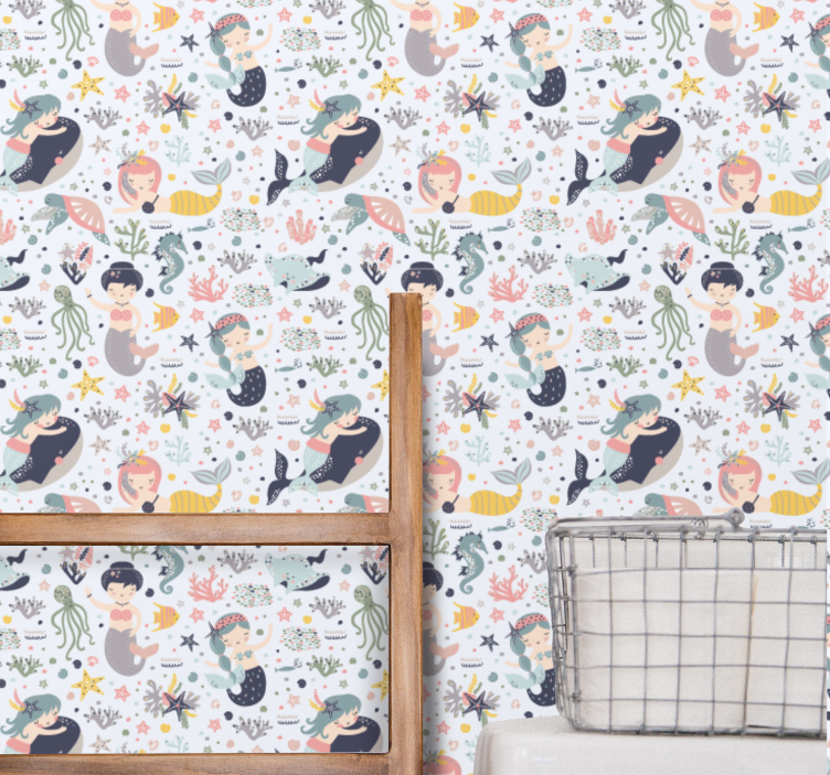 χαριτωμένο καρτούν ταπετσαρία μπάνιου μοτίβο γοργόνας - TenStickers