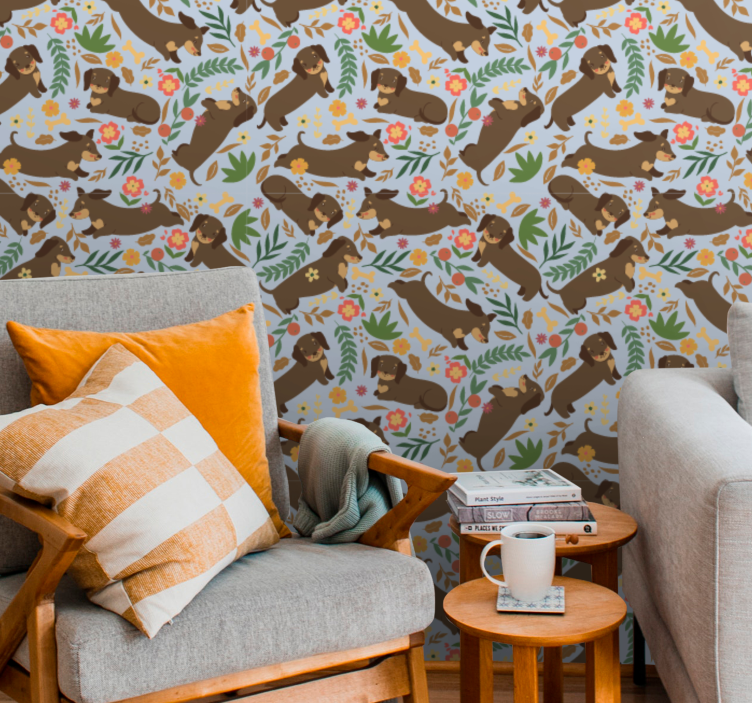 Ταπετσαρία φύσης μοτίβο dachshund και λουλούδια - TenStickers