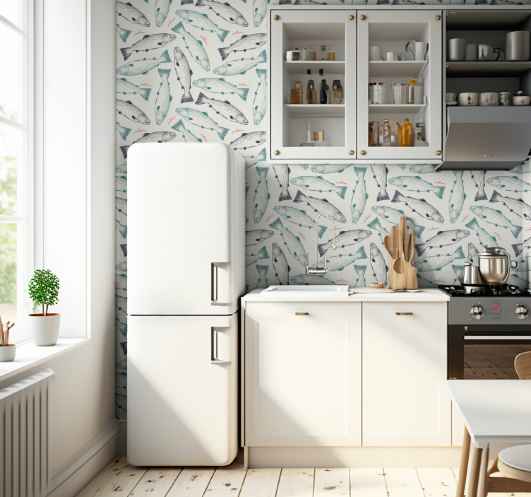 ταπετσαρία ζώων μοτίβο ψάρια σολομού handdrawn - TenStickers