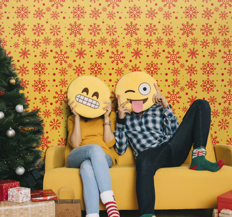 Χριστουγεννιάτικο ταπετσαρία κόκκινα χιόνια σε κίτρινο φόντο - TenStickers