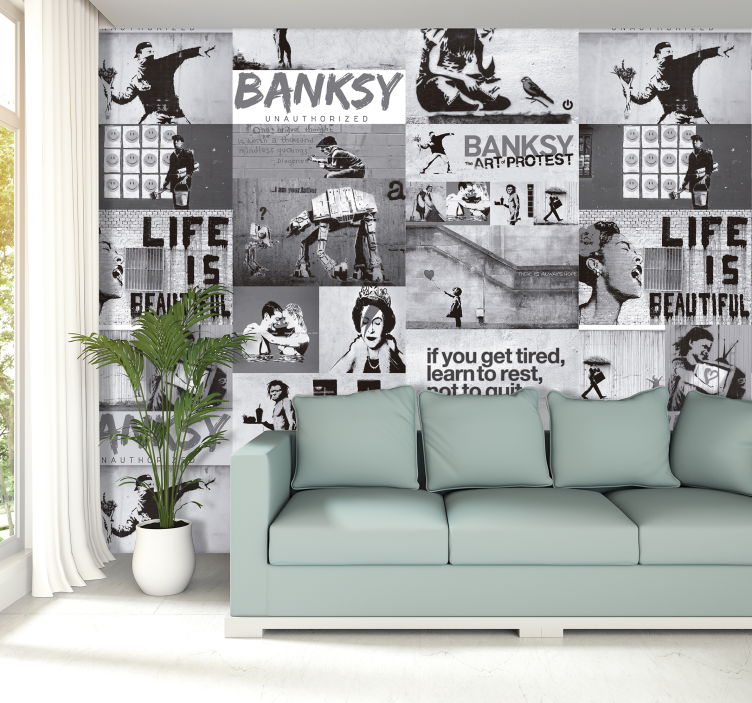 Art wallpaper banksy - γκρι κολάζ - TenStickers