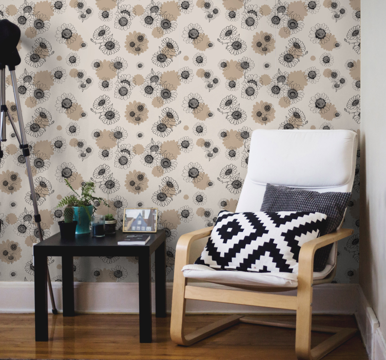 μπεζ ταπετσαρία χέρι σχεδίασης vintage μαργαρίτες - TenStickers