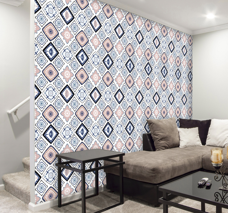 ροζ και γαλάζια λουλούδια ταπετσαρία - TenStickers